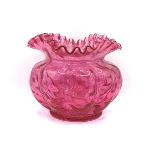 Pretty Vintage Fenton Cranberry Glass Diamond Optic Crimped Rose Bowl